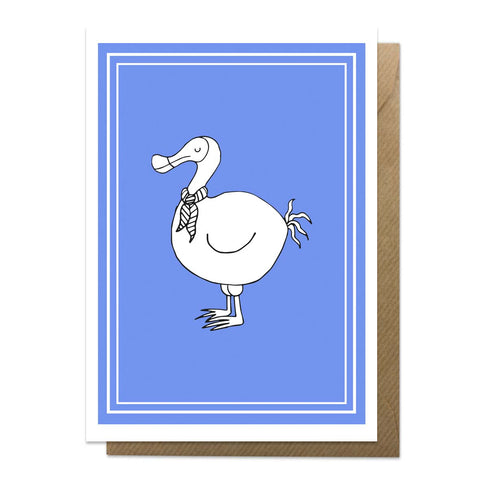 Blue greeting card with an illustration of a dodo