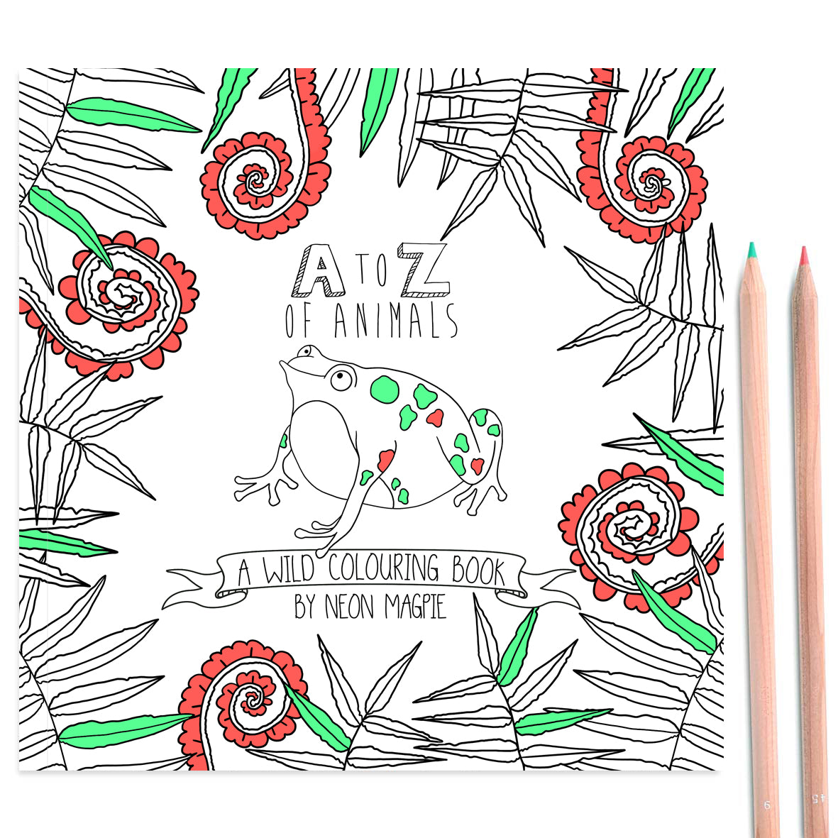 Animal colouring book cover with a frog and flower illustration on the cover