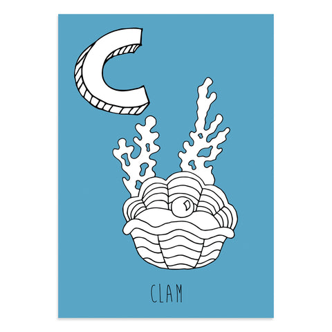 Blue postcard featuring the letter C for clam