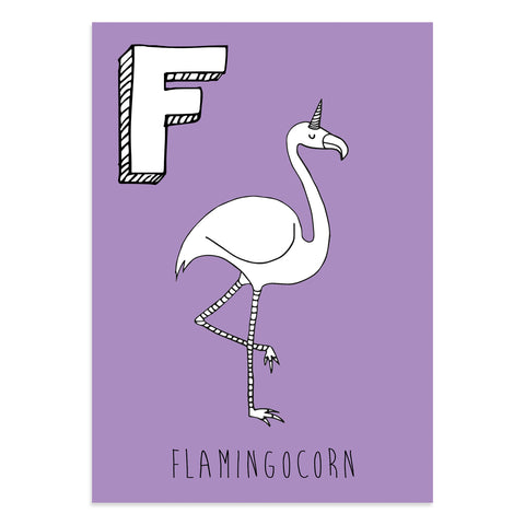 Unicorn postcard featuring F for flamingocorn