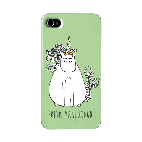 Green phone case with an illustration of Frida Khalo unicorn