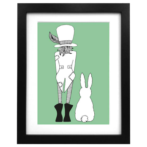 A3 sized, green art print with an illustration of Mad Hatter