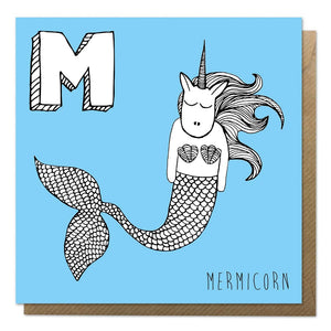 Blue greeting card with an illustration of a mermaid unicorn