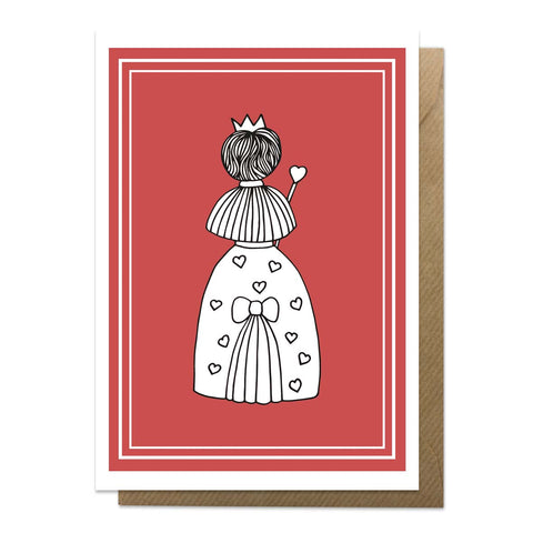 Red greeting card with an illustration of the Queen of Hearts