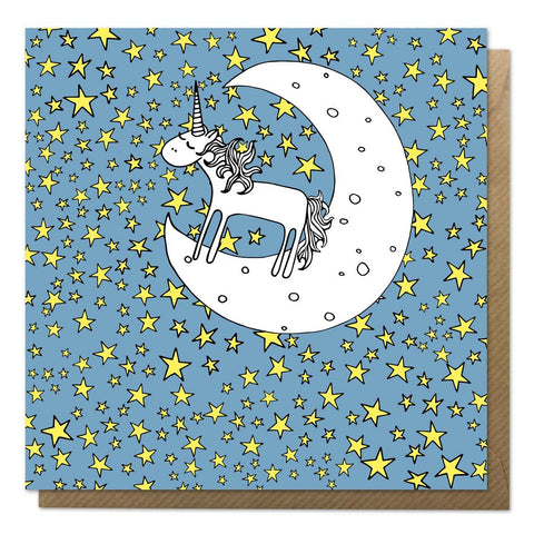 Blue greeting card with an illustration of a unicorn on the moon
