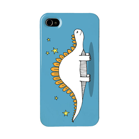 Blue dinosaur phone case with an illustration of a stegosaurus