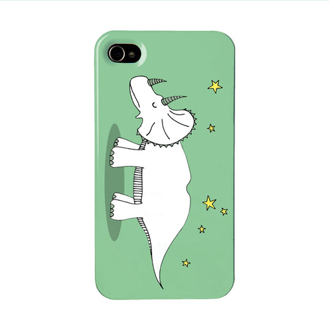 Green dinosaur phone case with an illustration of a triceratops