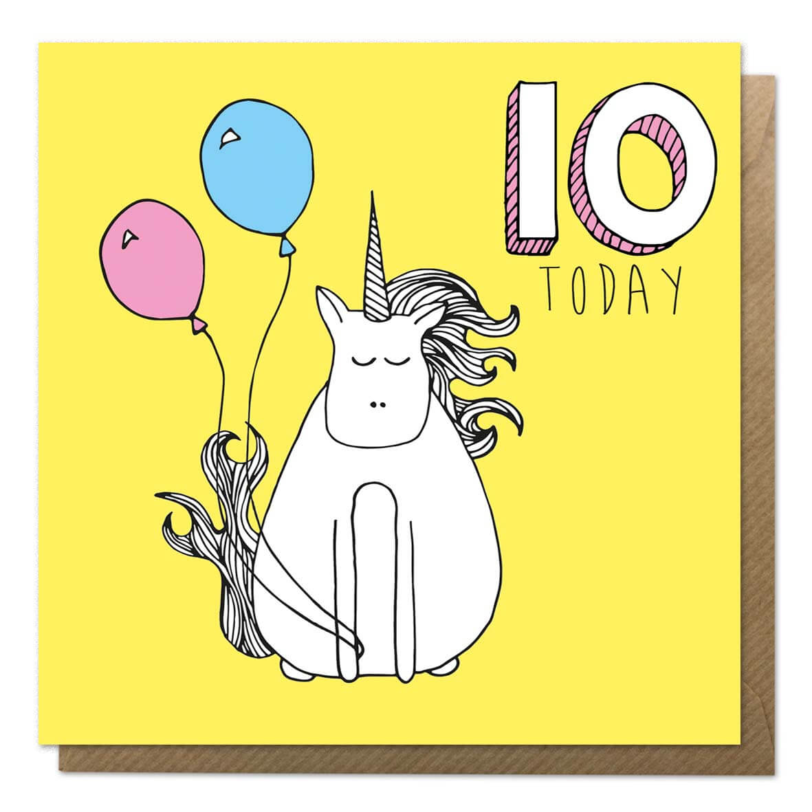 Yellow 10th birthday card with an illustration of a unicorn - Tenth Birthday