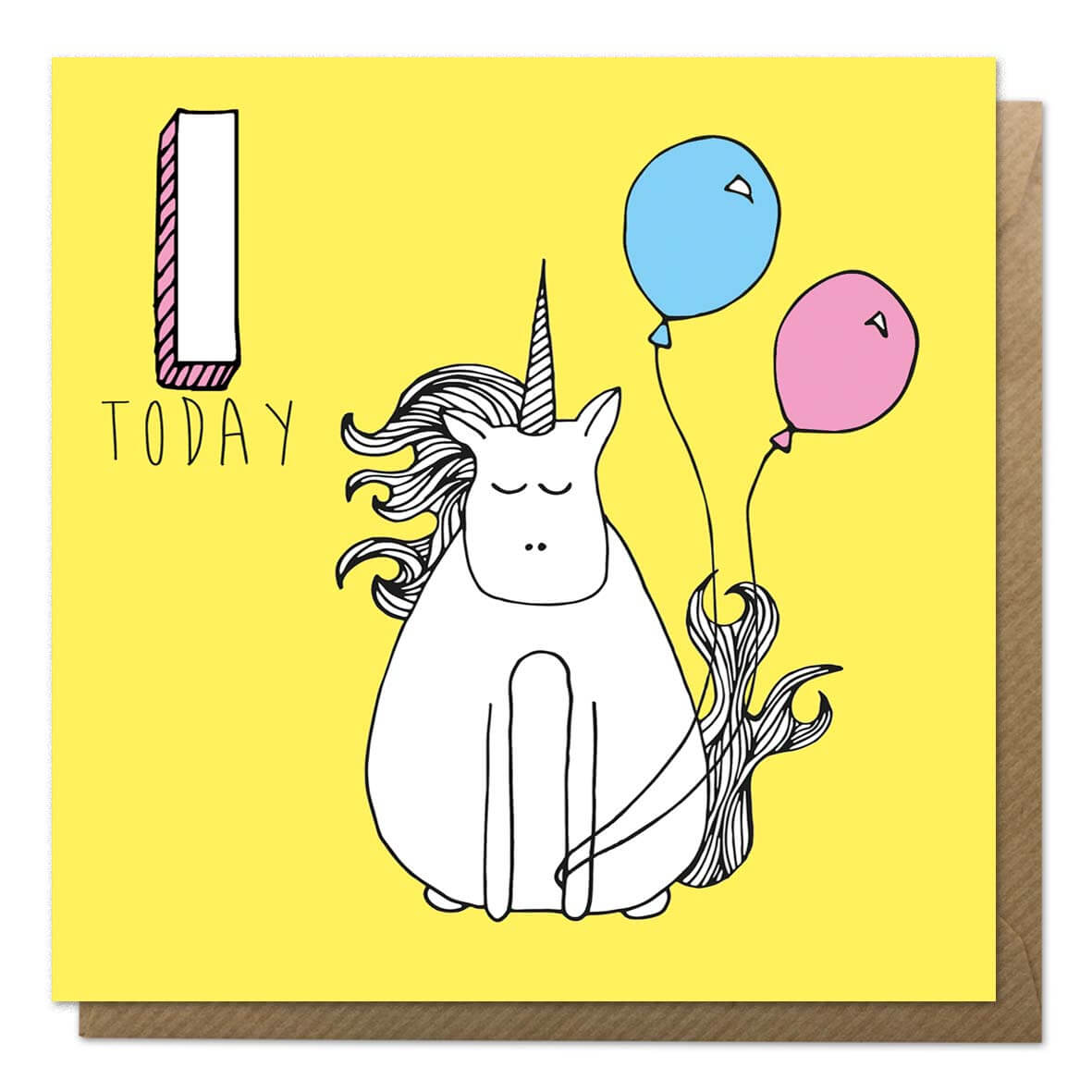 Yellow 1st birthday card with an illustration of a unicorn - First Birthday