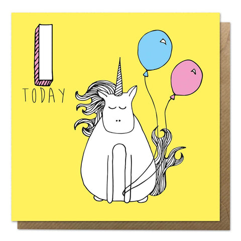 Yellow 1st birthday card with an illustration of a unicorn - First Birthday