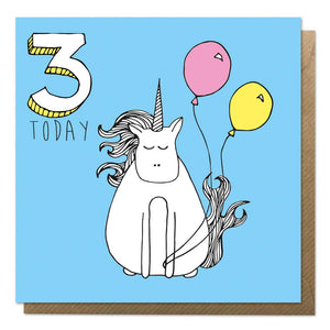 Blue 3rd birthday card with a drawing of a unicorn - Third birthday card