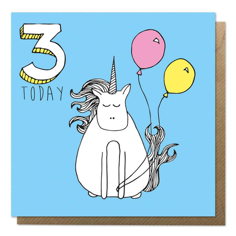 Blue 3rd birthday card with a drawing of a unicorn - Third birthday card