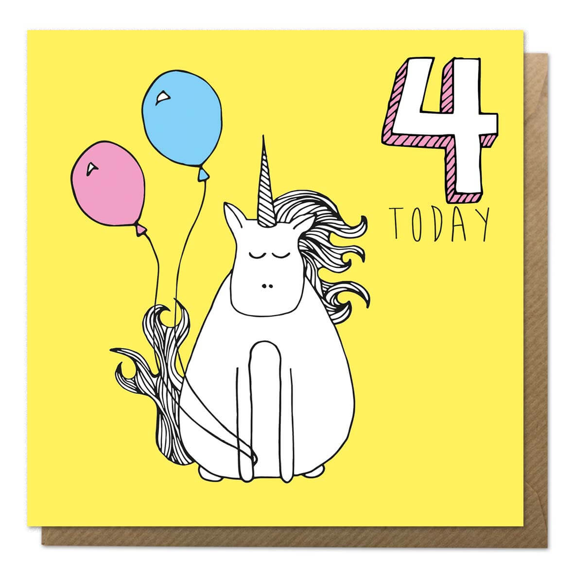 Yellow 4th birthday card with an unicorn drawing - Fourth Birthday