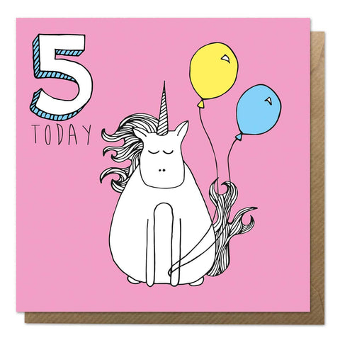 Pink 5th birthday card with an illustration of a unicorn - fifth birthday card