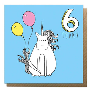 Blue 6th birthday card with a unicorn drawing - sixth birthday