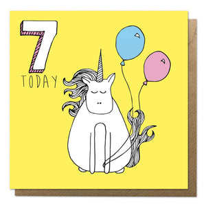 Yellow 7th birthday card with a unicorn drawing - seventh birthday