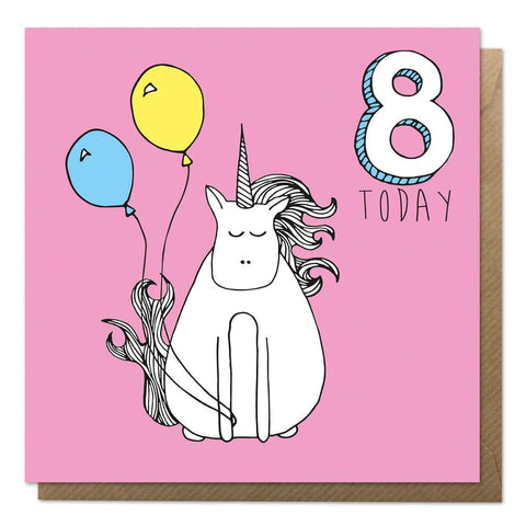Pink 8th birthday card with a unicorn drawing - eighth birthday 