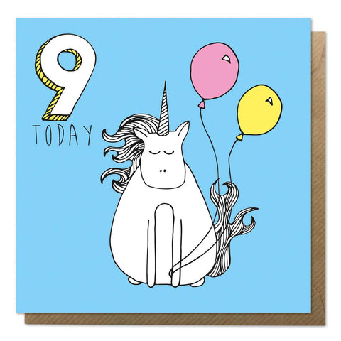 Blue 9th birthday card with a drawing of a unicorn - ninth birthday card