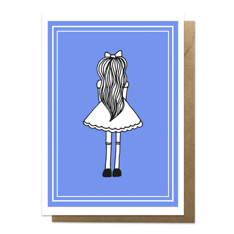 Blue A6 greeting card featuring Alice in Wonderland with brown envelope