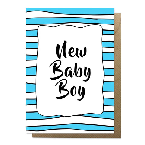 Blue and white patterned new baby boy card with brown envelope