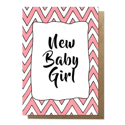 Pink and white patterned new baby card with brown envelope