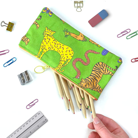 Green animal pencil case with tigers and snakes