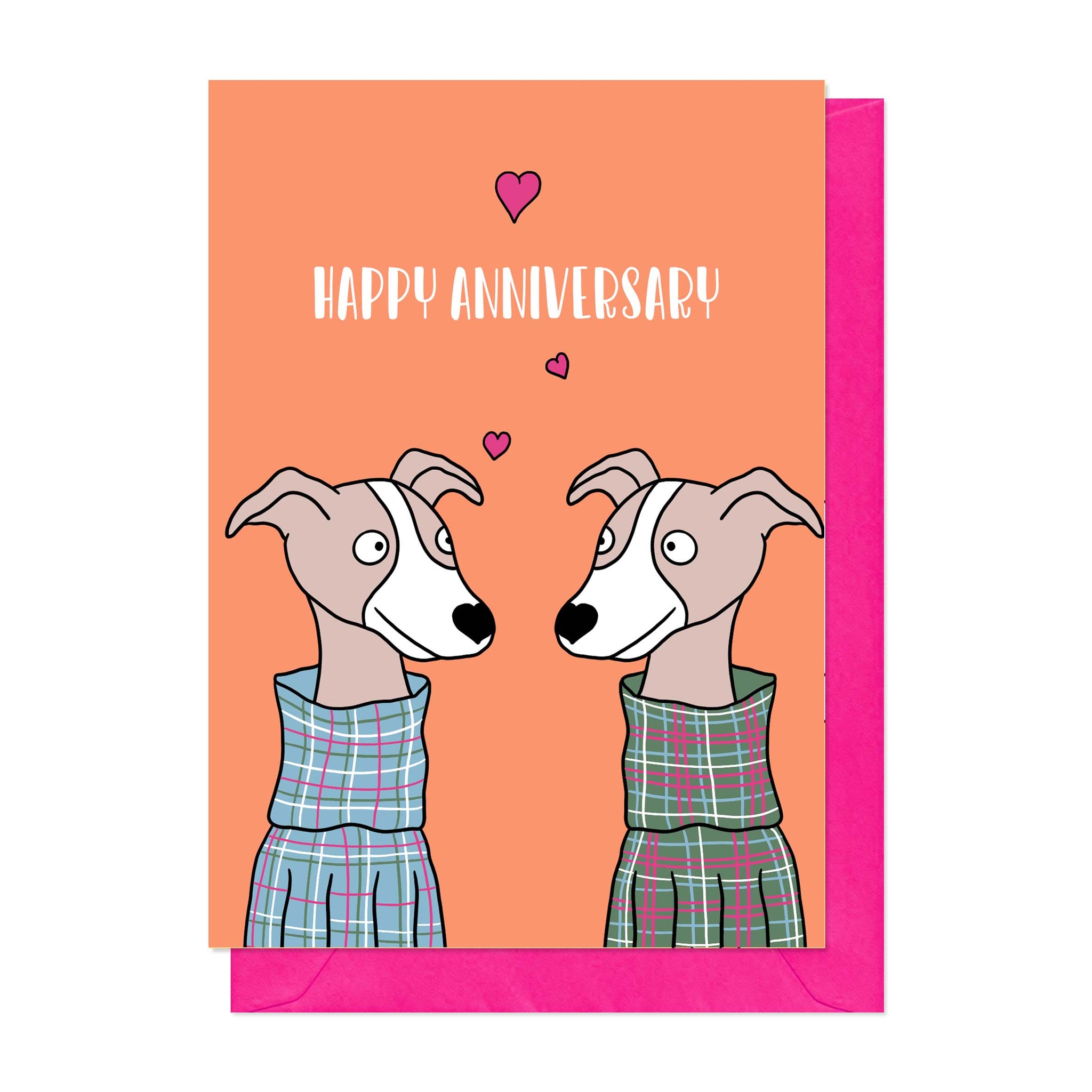 Orange anniversary card with an illustration of two whippets