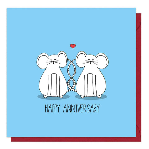 Blue anniversary card featuring two mice. It comes with a brown envelope