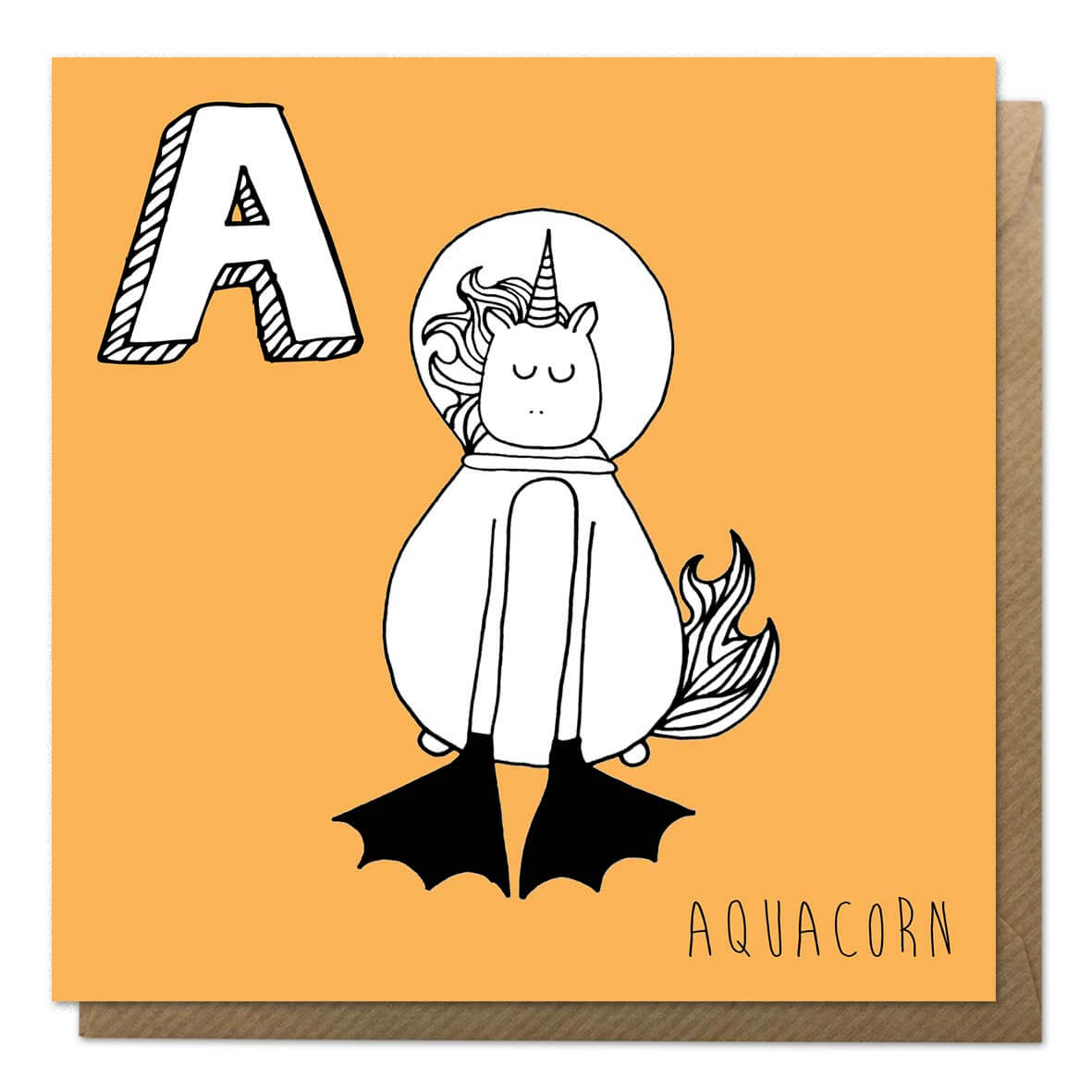 Orange unicorn alphabet card featuring A for Aquacorn