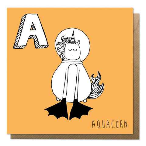 Orange unicorn alphabet card featuring A for Aquacorn