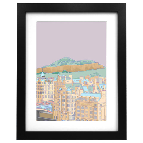Arthurs Seat and North Bridge in Edinburgh print in a black frame