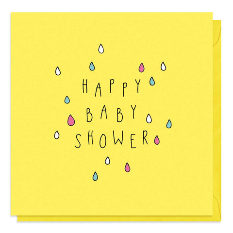 A bright yellow baby shower card with colourful raindrops