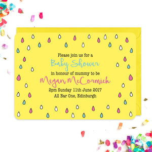 Baby shower invitation covered in colourful raindrops