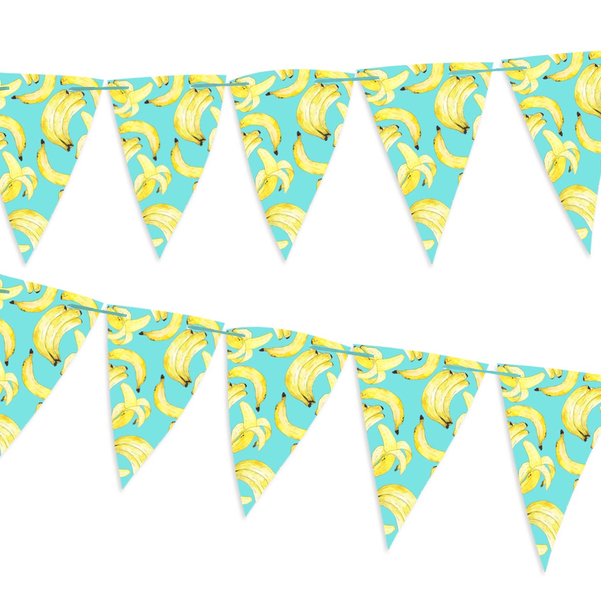 Blue bunting covered in bananas. The flags are on a blue ribbon