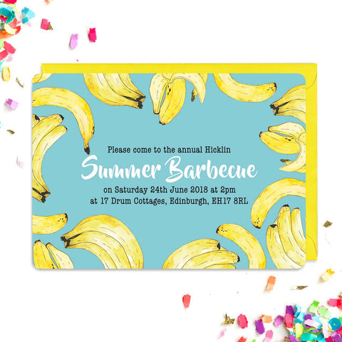 Blue invitations covered in a banana pattern