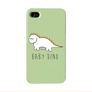 Green phone case with an illustration of a baby dinosaur