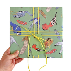 Green wrapping paper with different species of birds