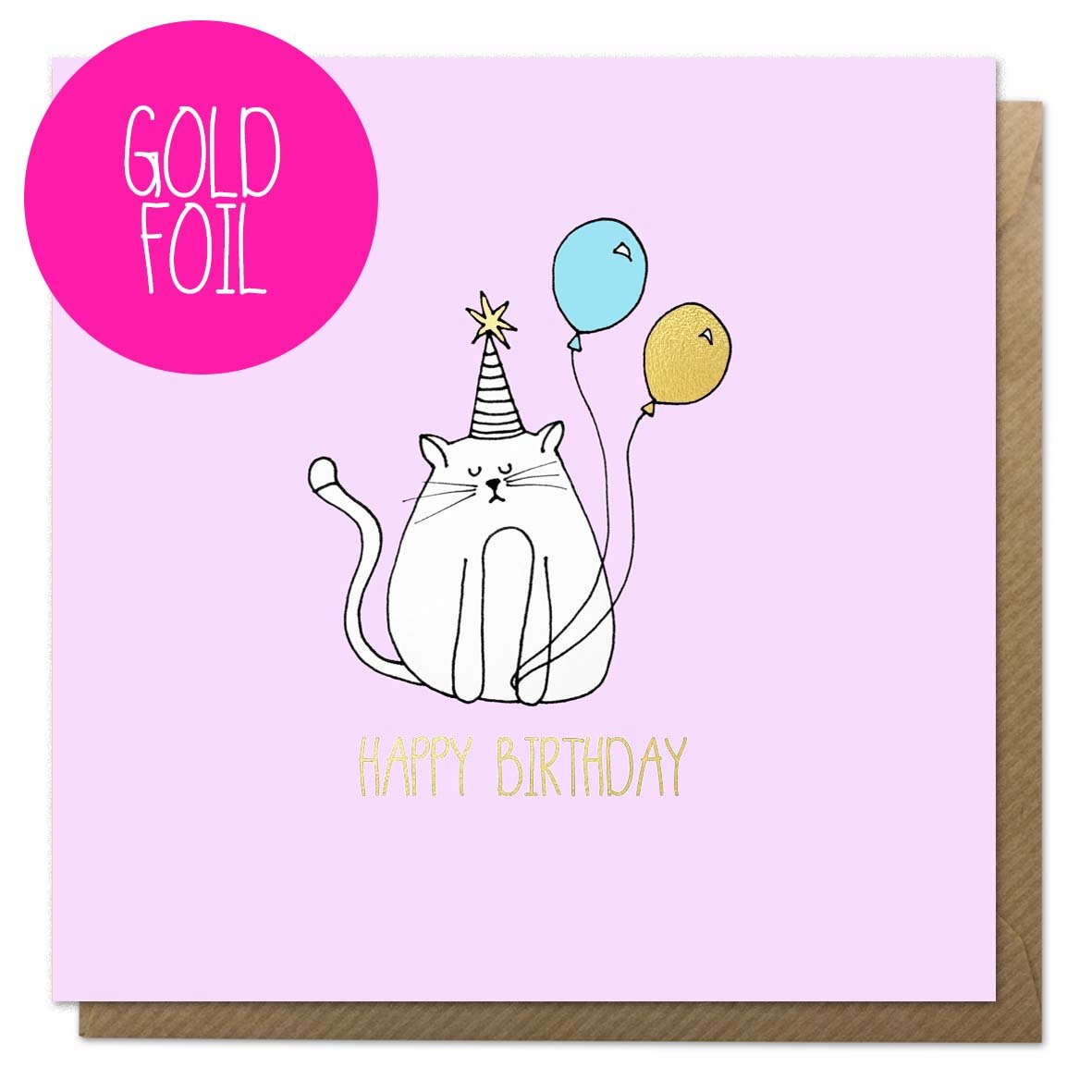 Birthday card with a cat, balloon and gold foil