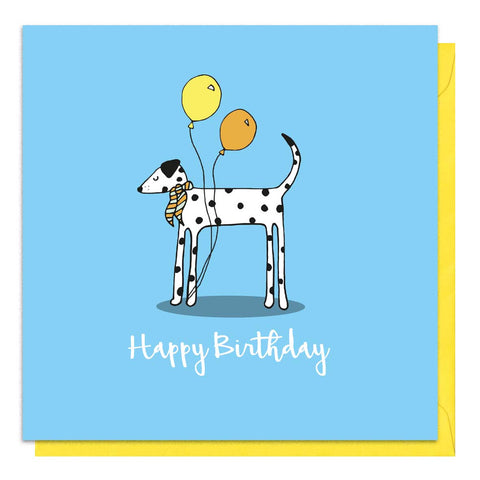 Blue birthday card with an illustration of a dalmatian