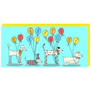 A fun birthday card featuring a row of dogs and balloons