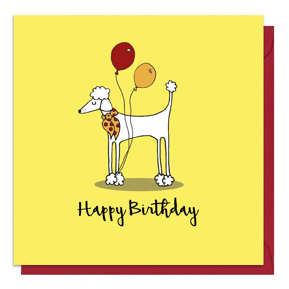 Yellow birthday card with an illustration of a poodle 