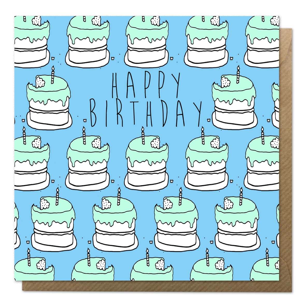 Blue birthday cake card with brown envelope