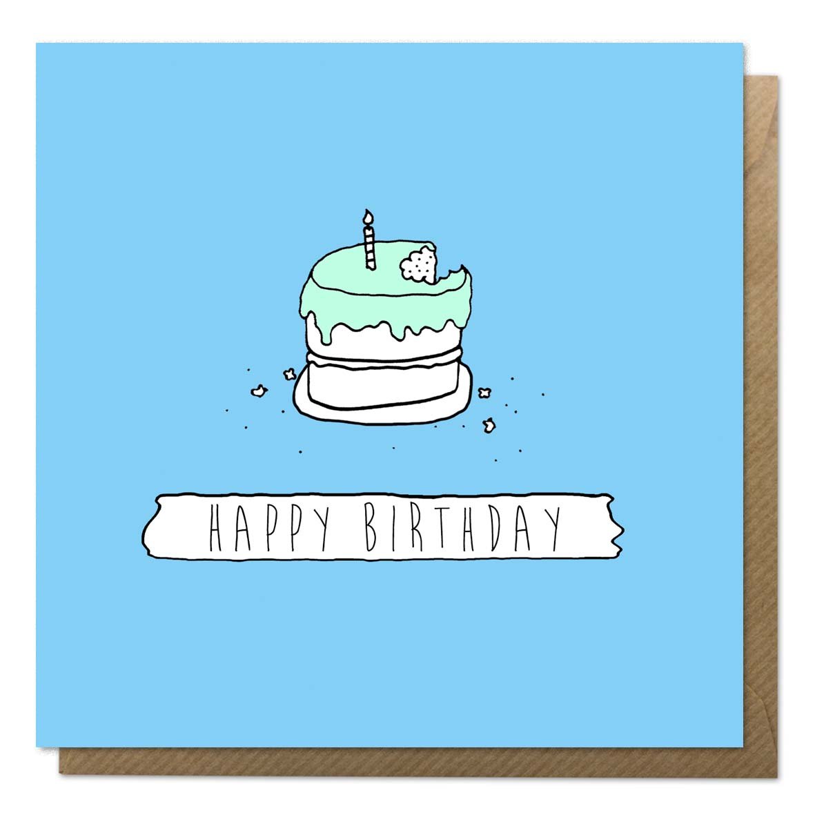 Blue birthday card with an illustration of a birthday cake