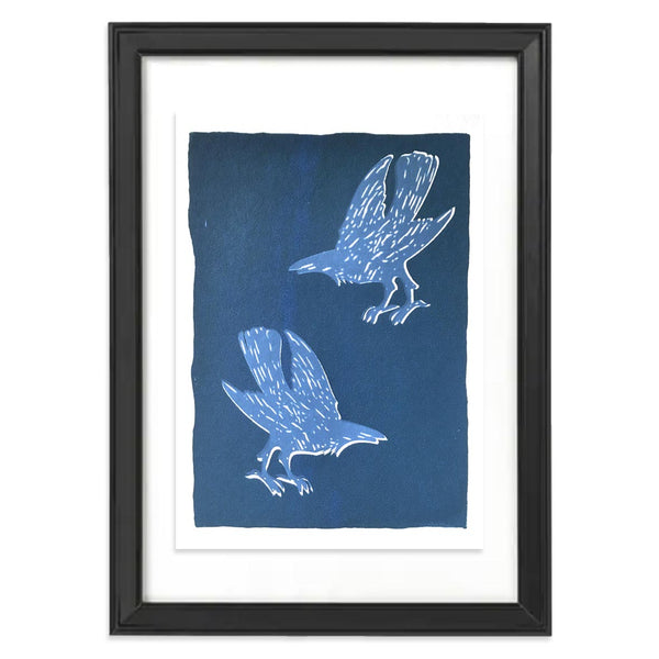Blue screen print featuring two crows