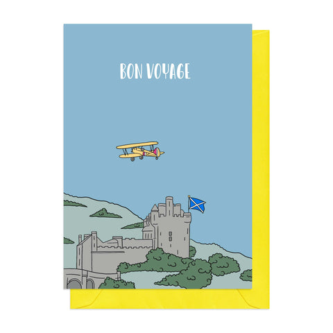Bon Voyage card with a plane and castle illustration