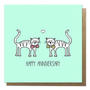 Green anniversary card with an illustration of two cats in bow ties 