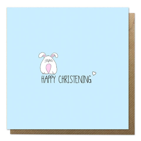 Blue Christening card featuring a drawing of a rabbit