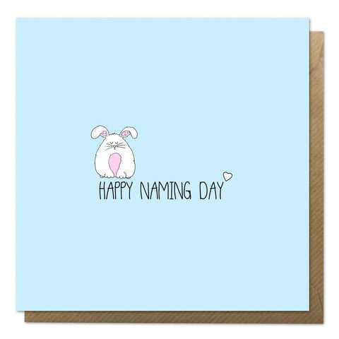 Blue naming day card featuring an illustration of a rabbit