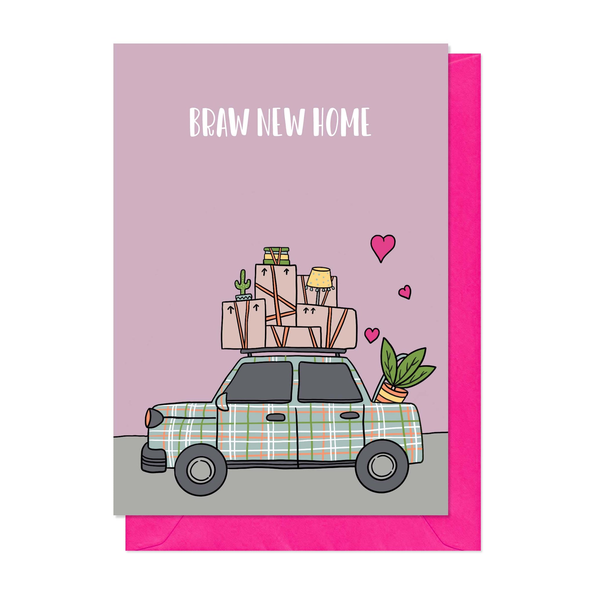 Purple card with a tartan car illustration