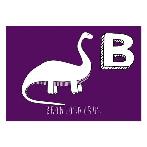 Purple postcard featuring the letter B for brontosaurus